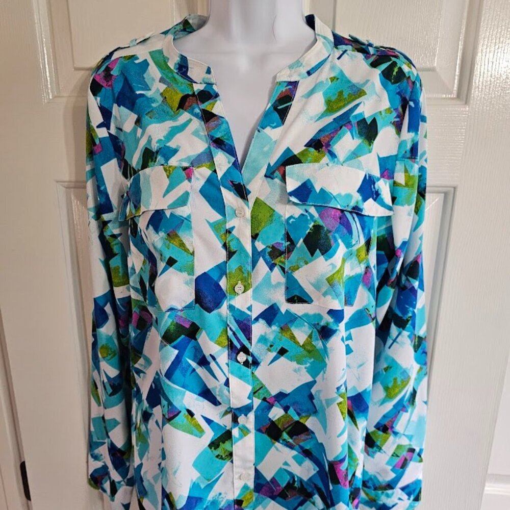 Calvin Klein Medium Abstract Blue White Green Button Down Blouse Office Top - Picture 2 of 7